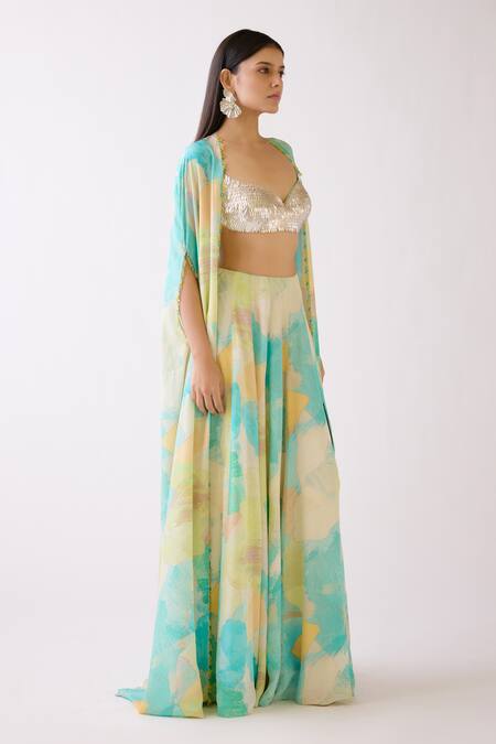 Buy_Basanti - Kapde Aur Koffee_Silver Crepe Sequins Sweetheart Neck Abstract Shoreline Print Cape And Sharara Set_Online_at_Aza_Fashions