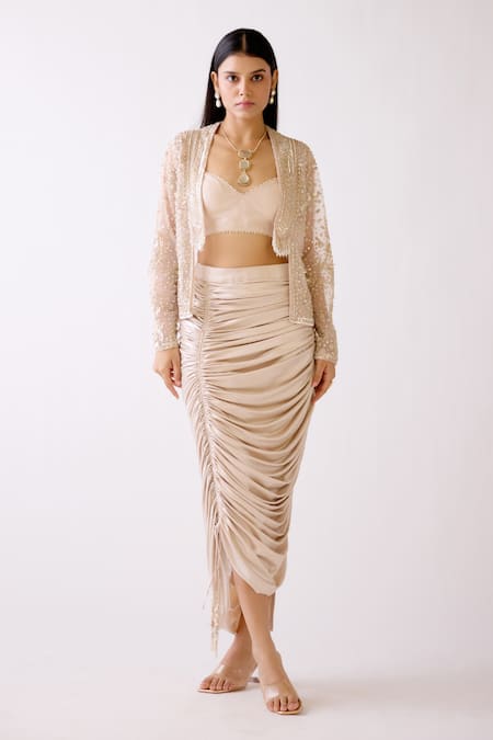 Basanti - Kapde Aur Koffee Pearl Stardust Embroidered Jacket & Ruched Draped Skirt Set 