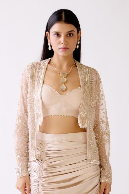 Basanti - Kapde Aur Koffee Gold Silk, Lycra Pearls, Cut Work, Sequins Embroidered Jacket And Draped Skirt Set Online at Aza Fashions Basanti - Kapde Aur Koffee_Gold Silk, Lycra Pearls, Cut Work, Sequins Embroidered Jacket And Draped Skirt Set _Online_at_Aza_Fashions