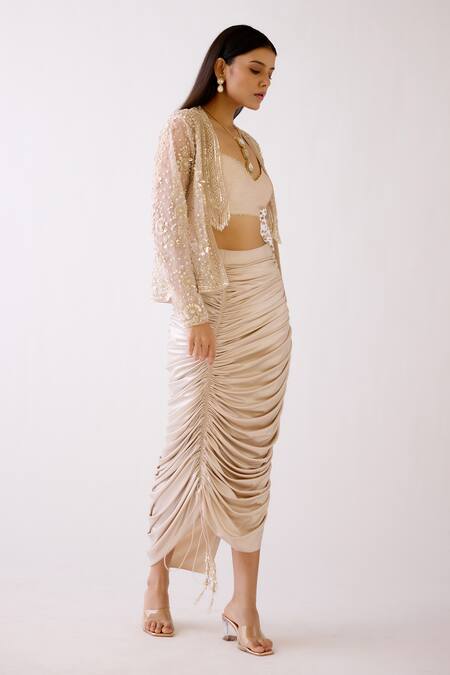Buy Basanti - Kapde Aur Koffee Gold Silk, Lycra Pearls, Cut Work, Sequins Embroidered Jacket And Draped Skirt Set Online at Aza Fashions Buy_Basanti - Kapde Aur Koffee_Gold Silk, Lycra Pearls, Cut Work, Sequins Embroidered Jacket And Draped Skirt Set _Online_at_Aza_Fashions
