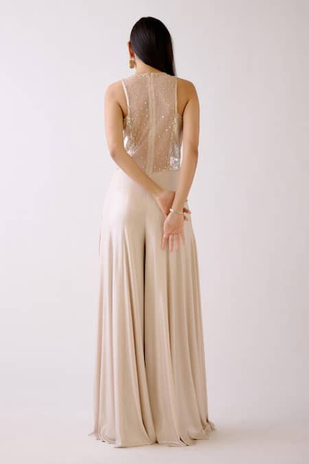 Basanti - Kapde Aur Koffee_Gold Lycra, Silk Sequins V-, Round Embellished Jumpsuit And Long Jacket_at_Aza_Fashions