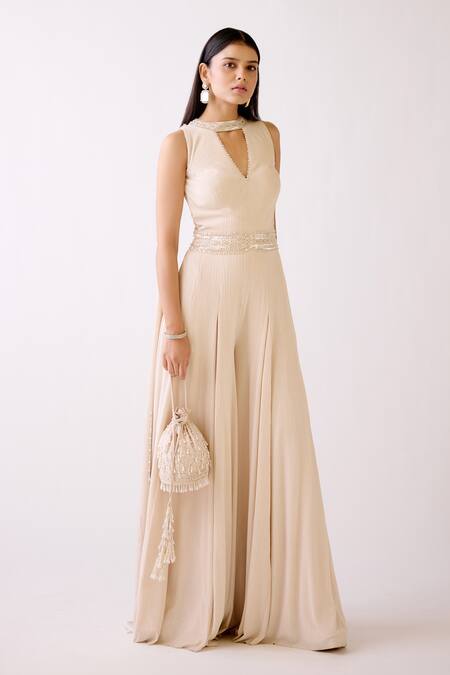 Basanti - Kapde Aur Koffee_Gold Lycra Sequins, Pearls Round Neck Embroidered Jumpsuit_Online_at_Aza_Fashions