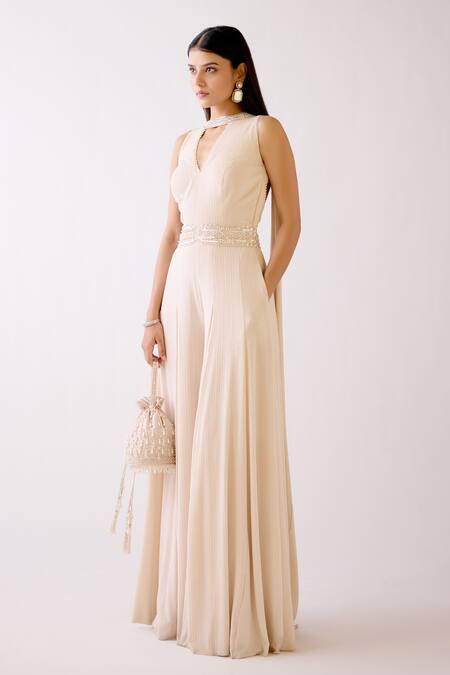 Buy_Basanti - Kapde Aur Koffee_Gold Lycra Sequins, Pearls Round Neck Embroidered Jumpsuit_Online_at_Aza_Fashions