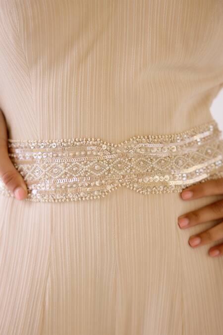 Shop_Basanti - Kapde Aur Koffee_Gold Lycra Sequins, Pearls Round Neck Embroidered Jumpsuit_Online_at_Aza_Fashions