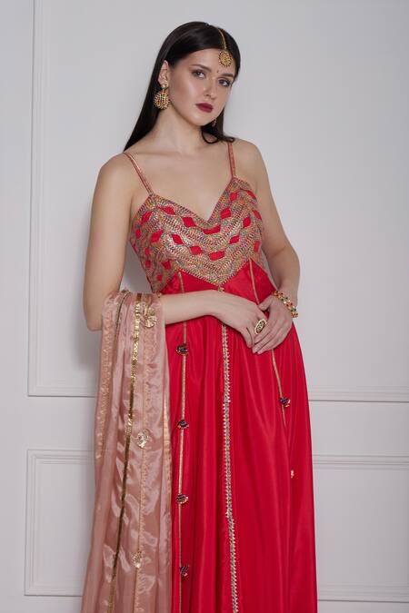 NAINA SETH Red Crepe Embroidery Gota Sweetheart Embellished Gown Set  3