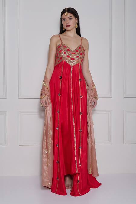 NAINA SETH Red Crepe Embroidery Gota Sweetheart Embellished Gown Set  4