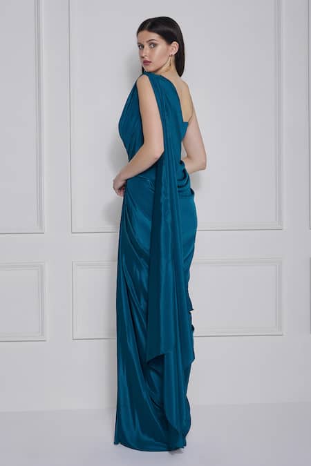 Shop_Naina Seth_Blue Crepe Embroidery Zari V Neck Designer Pre-draped Saree Gown Set _at_Aza_Fashions