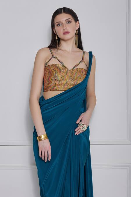 Naina Seth_Blue Crepe Embroidery Zari V Neck Designer Pre-draped Saree Gown Set _Online_at_Aza_Fashions