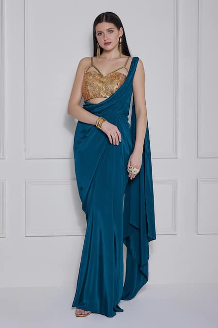 Buy_Naina Seth_Blue Crepe Embroidery Zari V Neck Designer Pre-draped Saree Gown Set _Online_at_Aza_Fashions