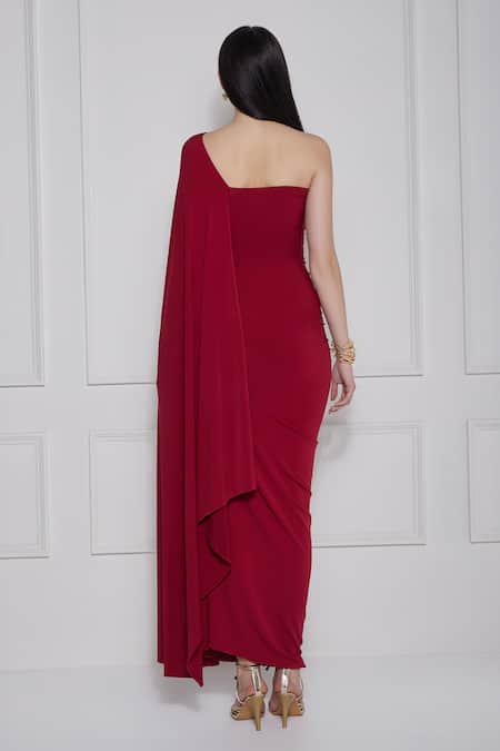 Naina Seth Maroon Gota Embellished One Shoulder Gown 