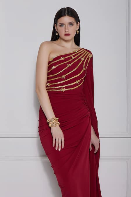 Naina Seth Maroon Kota Doria Patti One Shoulder Embellished Gown Online at Aza Fashions Naina Seth_Maroon Kota Doria Patti One Shoulder Embellished Gown _Online_at_Aza_Fashions