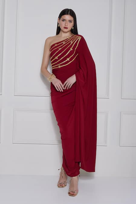 Buy Naina Seth Maroon Kota Doria Patti One Shoulder Embellished Gown Online at Aza Fashions Buy_Naina Seth_Maroon Kota Doria Patti One Shoulder Embellished Gown _Online_at_Aza_Fashions