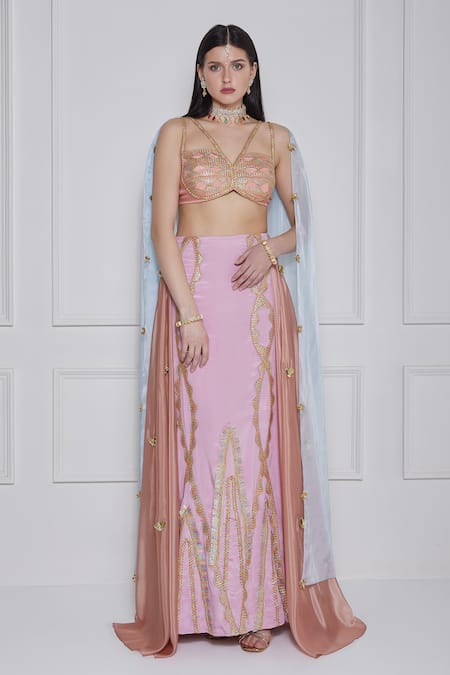 Naina Seth_Pink Organza, Crepe Gota Patti V-neck Embellished Lehenga Set_Online_at_Aza_Fashions