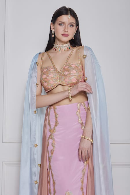 Buy_Naina Seth_Pink Organza, Crepe Gota Patti V-neck Embellished Lehenga Set_Online_at_Aza_Fashions