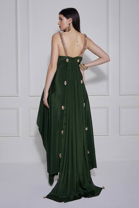 Naina Seth_Green Crepe Embroidery Zari Sweetheart Gota Embellished Gown Set _Online_at_Aza_Fashions