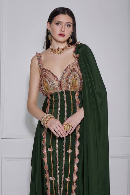 Buy_Naina Seth_Green Crepe Embroidery Zari Sweetheart Gota Embellished Gown Set _Online_at_Aza_Fashions