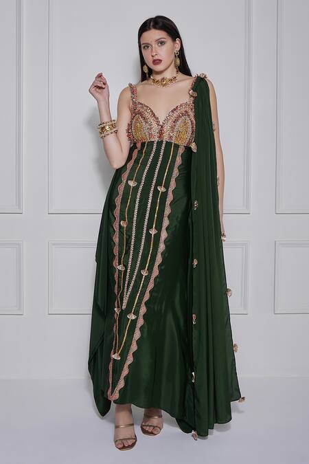 Shop_Naina Seth_Green Crepe Embroidery Zari Sweetheart Gota Embellished Gown Set _Online_at_Aza_Fashions