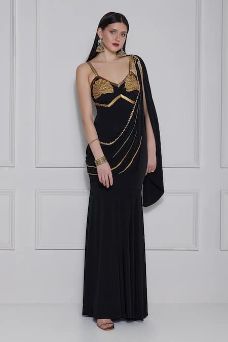 Naina Seth Black Kota Doria, Silk Patti, Zari Embellished Gown With Cowl Drape Online at Aza Fashions Naina Seth_Black Kota Doria, Silk Patti, Zari Embellished Gown With Cowl Drape _Online_at_Aza_Fashions