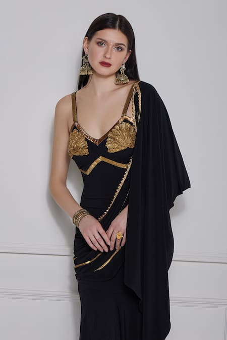 Buy Naina Seth Black Kota Doria, Silk Patti, Zari Embellished Gown With Cowl Drape Online at Aza Fashions Buy_Naina Seth_Black Kota Doria, Silk Patti, Zari Embellished Gown With Cowl Drape _Online_at_Aza_Fashions