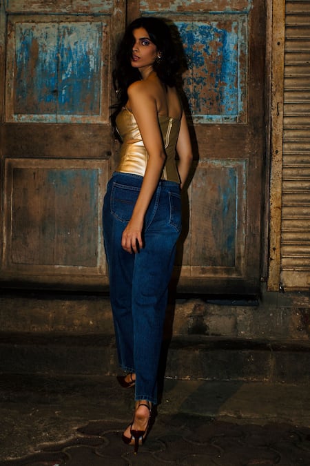 Shop_Style Junkiie_Gold Leather Pearls, Tassels, Beads Off-shoulder Embroidered Corset _at_Aza_Fashions