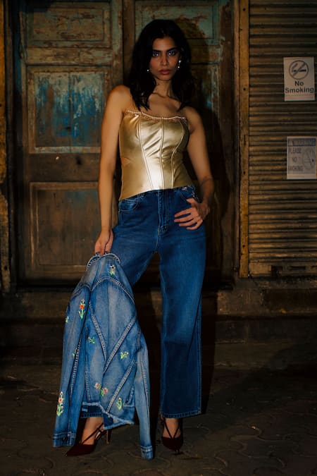 Buy_Style Junkiie_Gold Leather Pearls, Tassels, Beads Off-shoulder Embroidered Corset _Online_at_Aza_Fashions