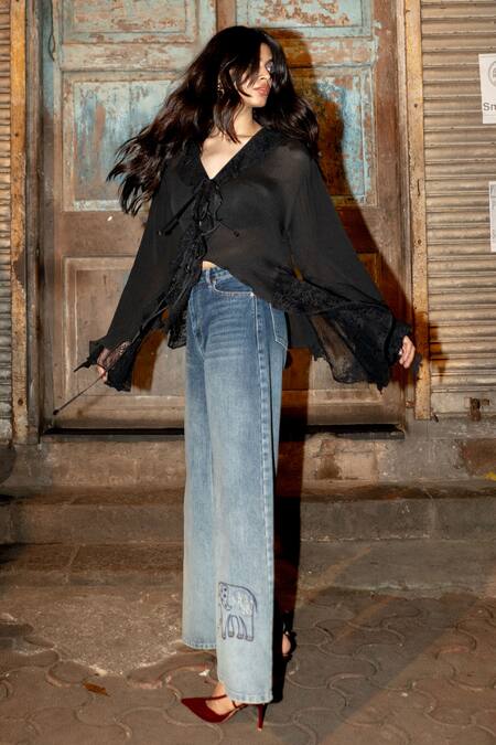 Buy_Style Junkiie_Black Chiffon, V-neck Floral Ruffle Tie Up Top _Online_at_Aza_Fashions