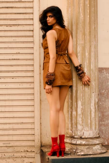 Shop_Style Junkiie_Brown Suede Tan Mini Skirt With Wrap Panel _at_Aza_Fashions