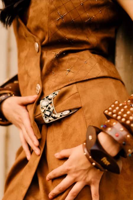 Buy_Style Junkiie_Brown Suede Tan Mini Skirt With Wrap Panel _Online_at_Aza_Fashions