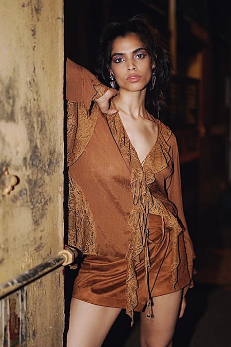 Style Junkiie_Brown Suede Lace V-neck Floral Asymmetric Tie Up Top _Online_at_Aza_Fashions