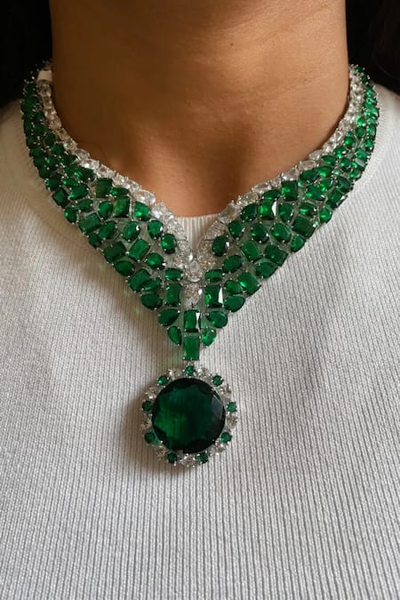 PRERTO_Green Diamonds, Stones Emerald And Faux Jewellery Set _Online_at_Aza_Fashions