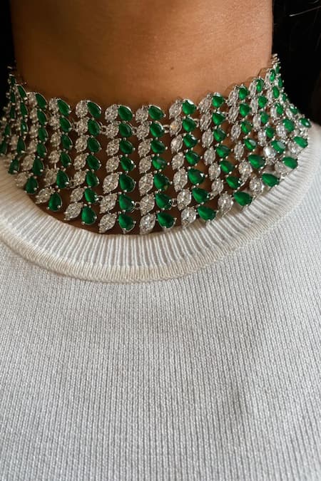 Shop_PRERTO_Green Diamonds, Stones Emerald And Faux Jewellery Set _Online_at_Aza_Fashions