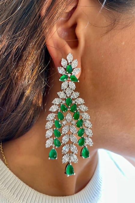 PRERTO_Green Diamonds, Stones Emerald And Faux Jewellery Set _at_Aza_Fashions