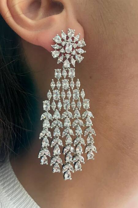 Shop PRERTO Silver Plated Fabric Flowers, Diamonds Designer Faux Jewellery Set at Aza Fashions Shop_PRERTO_Silver Plated Fabric Flowers, Diamonds Designer Faux Jewellery Set _at_Aza_Fashions