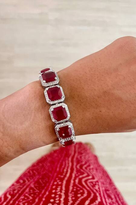 PRERTO_Red Fabric Flowers, Rhinestones, Diamonds Ruby Stone And Faux Jewellery Set _Online_at_Aza_Fashions