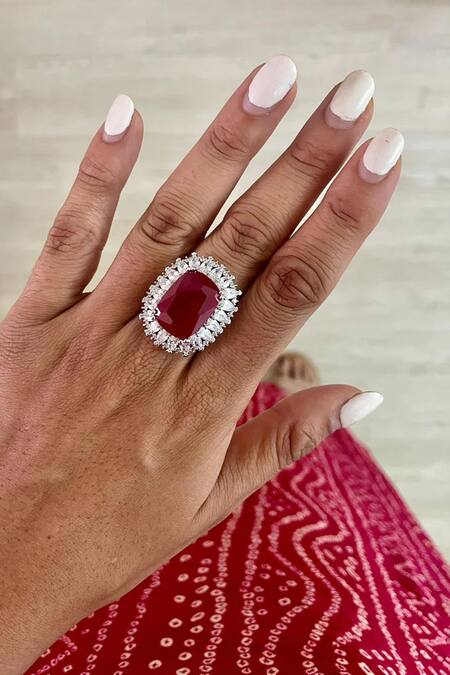 Buy_PRERTO_Red Fabric Flowers, Rhinestones, Diamonds Ruby Stone And Faux Jewellery Set _Online_at_Aza_Fashions