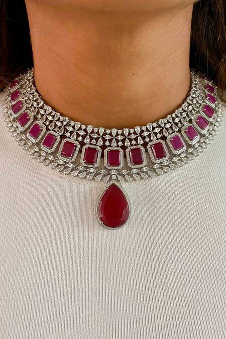 Shop_PRERTO_Red Fabric Flowers, Rhinestones, Diamonds Ruby Stone And Faux Jewellery Set _Online_at_Aza_Fashions