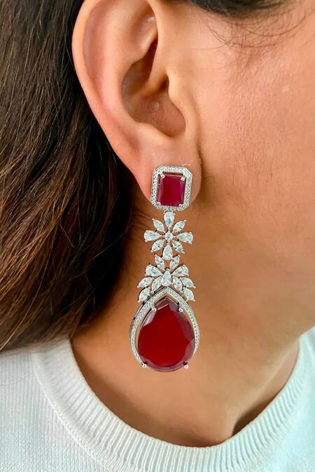 PRERTO_Red Fabric Flowers, Rhinestones, Diamonds Ruby Stone And Faux Jewellery Set _at_Aza_Fashions