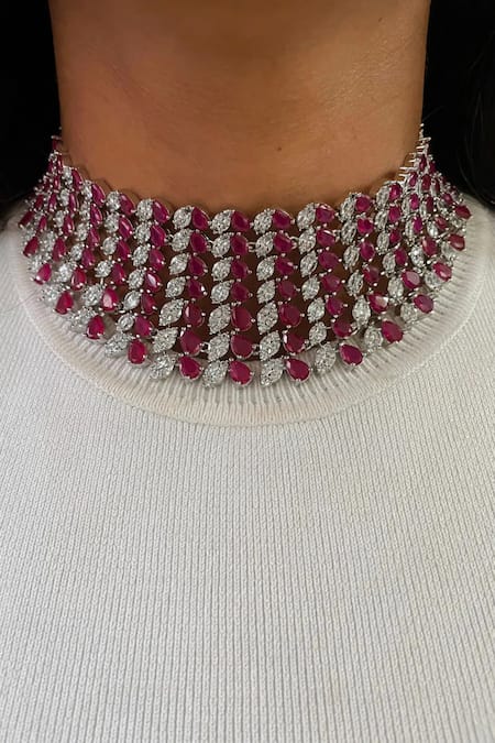 Buy_PRERTO_Red Fabric Flowers, Rhinestones, Diamonds Ruby Stone And Faux Jewellery Set 