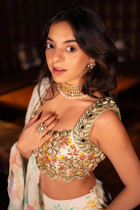 Foram Patel White Net, Georgette, Linen Mirrors, Beads, Printed Tiered Lehenga Set at Aza Fashions Foram Patel_White Net, Georgette, Linen Mirrors, Beads, Printed Tiered Lehenga Set_at_Aza_Fashions