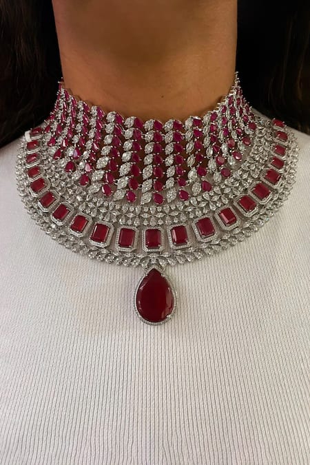 Prerto Maharani Ruby Drop Dimonte Floral & Heart Ruby Diamond Jewellery Set 