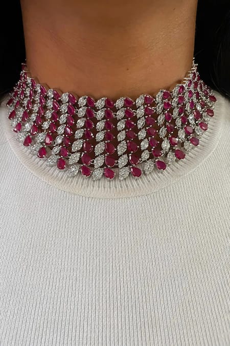 PRERTO Red Stones, Diamonds Ruby Choker And Earring Set Online at Aza Fashions PRERTO_Red Stones, Diamonds Ruby Choker And Earring Set _Online_at_Aza_Fashions