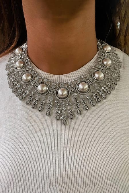 PRERTO White Pearls Floret And Tulip Diamond Jewellery Set Online at Aza Fashions PRERTO_White Pearls Floret And Tulip Diamond Jewellery Set _Online_at_Aza_Fashions