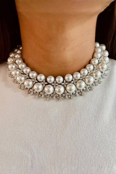 Buy PRERTO White Pearls Floret And Tulip Diamond Jewellery Set Online at Aza Fashions Buy_PRERTO_White Pearls Floret And Tulip Diamond Jewellery Set _Online_at_Aza_Fashions