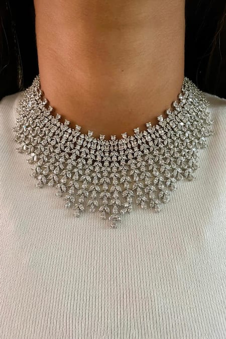 PRERTO Silver Plated Diamonds, Rhinestones Floral Faux Jewellery Set Online at Aza Fashions PRERTO_Silver Plated Diamonds, Rhinestones Floral Faux Jewellery Set _Online_at_Aza_Fashions