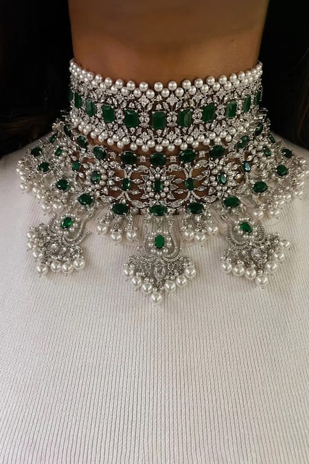 Prerto Maharani Pearl & Emerald Choker & Three Lotus Pearl Drop Emerald Dimonte Jewellery Set 