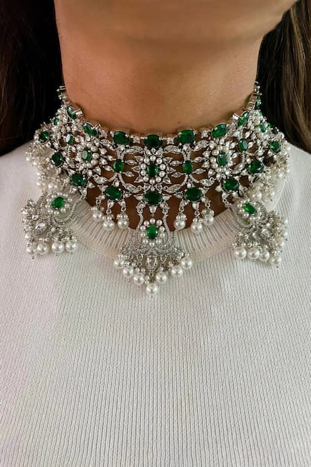 PRERTO Green Fabric Flowers, Diamonds, Stones Emerald And Faux Choker Set Online at Aza Fashions PRERTO_Green Fabric Flowers, Diamonds, Stones Emerald And Faux Choker Set _Online_at_Aza_Fashions