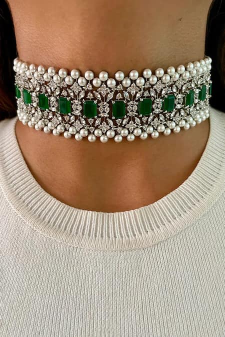 Buy PRERTO Green Fabric Flowers, Diamonds, Stones Emerald And Faux Choker Set Online at Aza Fashions Buy_PRERTO_Green Fabric Flowers, Diamonds, Stones Emerald And Faux Choker Set _Online_at_Aza_Fashions