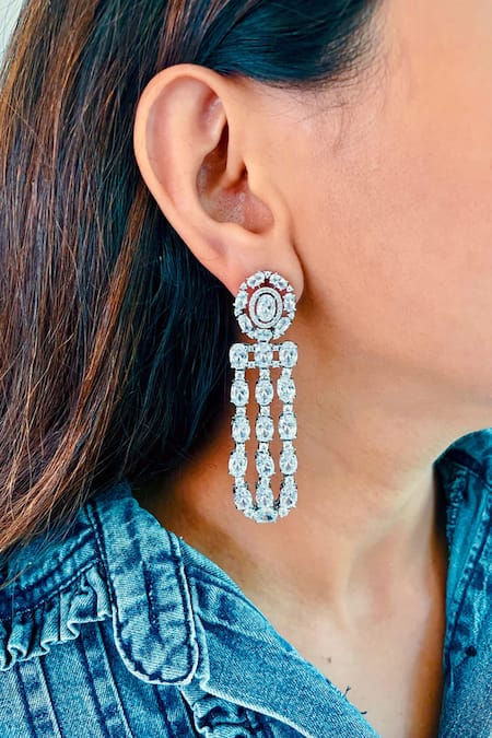 Shop PRERTO Silver Plated Fabric Flowers, Diamonds Five Layered Faux Necklace Set at Aza Fashions Shop_PRERTO_Silver Plated Fabric Flowers, Diamonds Five Layered Faux Necklace Set _at_Aza_Fashions