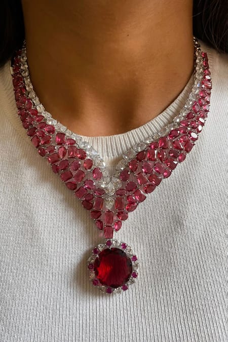 Prerto Ramona Ruby & Faux Diamond Embellished Necklace Set 