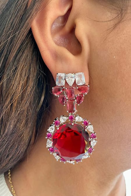 Shop PRERTO Red Stones, Diamonds Ruby And Faux Necklace Set at Aza Fashions Shop_PRERTO_Red Stones, Diamonds Ruby And Faux Necklace Set _at_Aza_Fashions